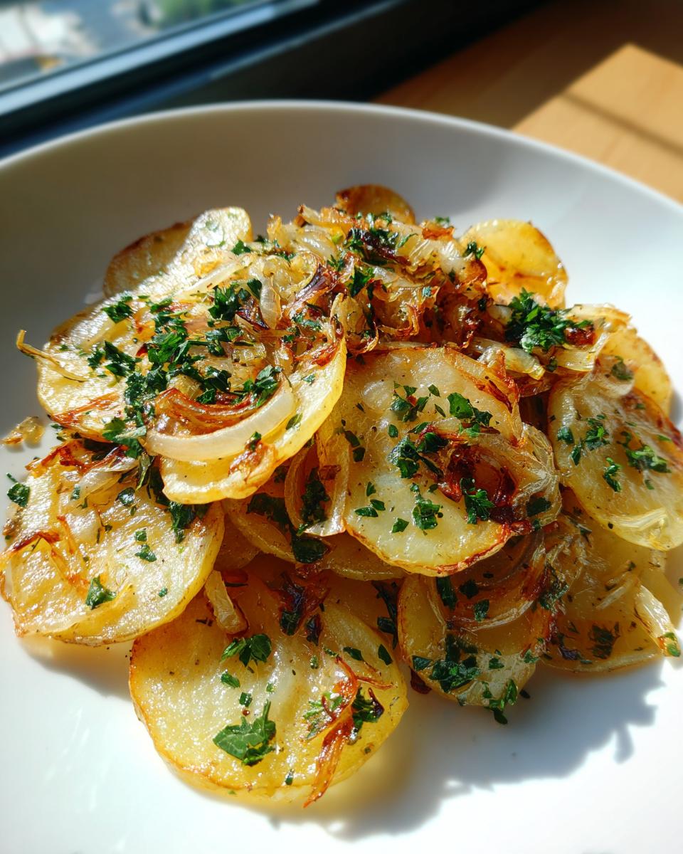 Close-up of golden brown Lyonnaise Potatoes topped with caramelized onions and fresh parsley.