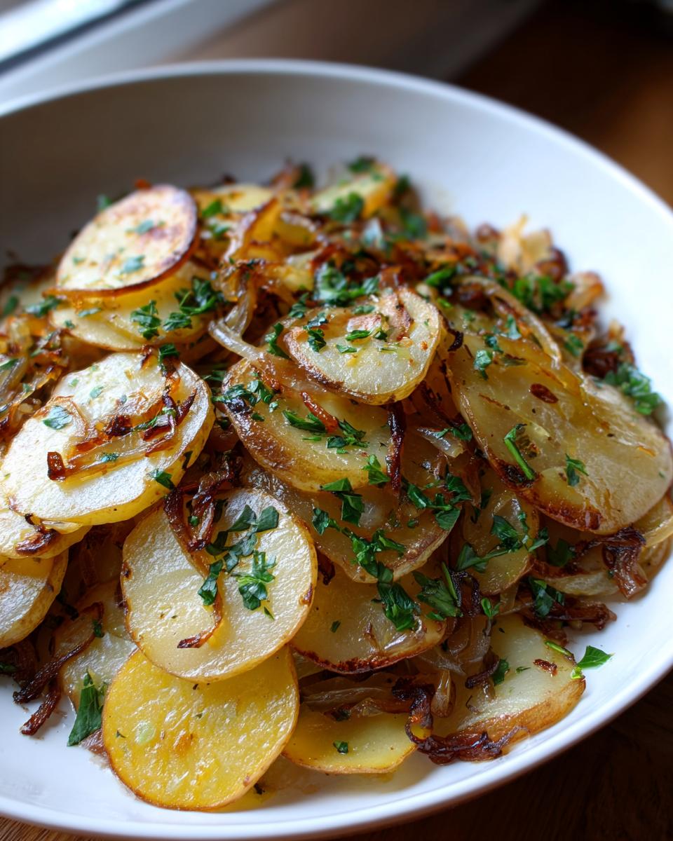 Close-up of golden, thinly sliced Lyonnaise Potatoes mixed with caramelized onions and fresh parsley.