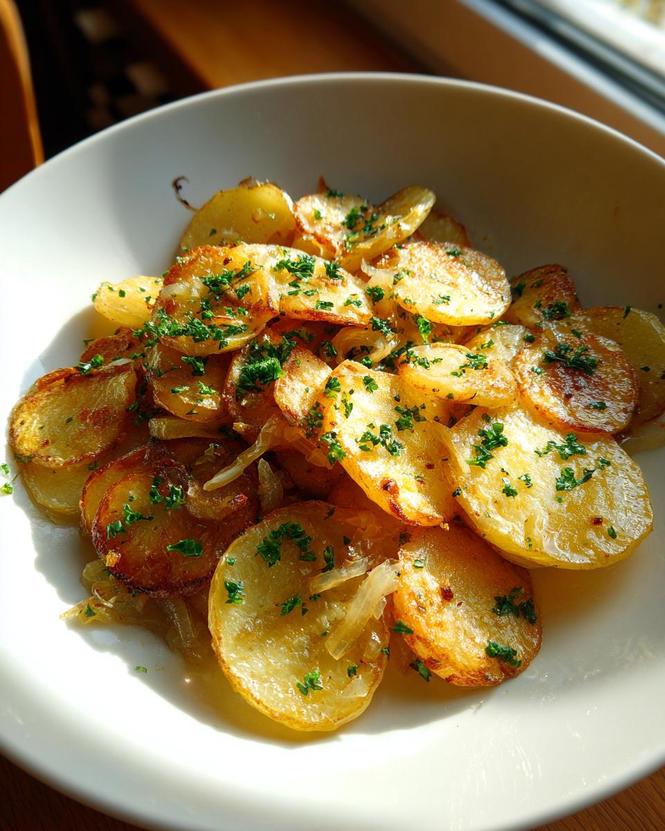 Close-up of golden-brown, pan-fried Lyonnaise Potatoes mixed with caramelized onions and topped with fresh parsley.