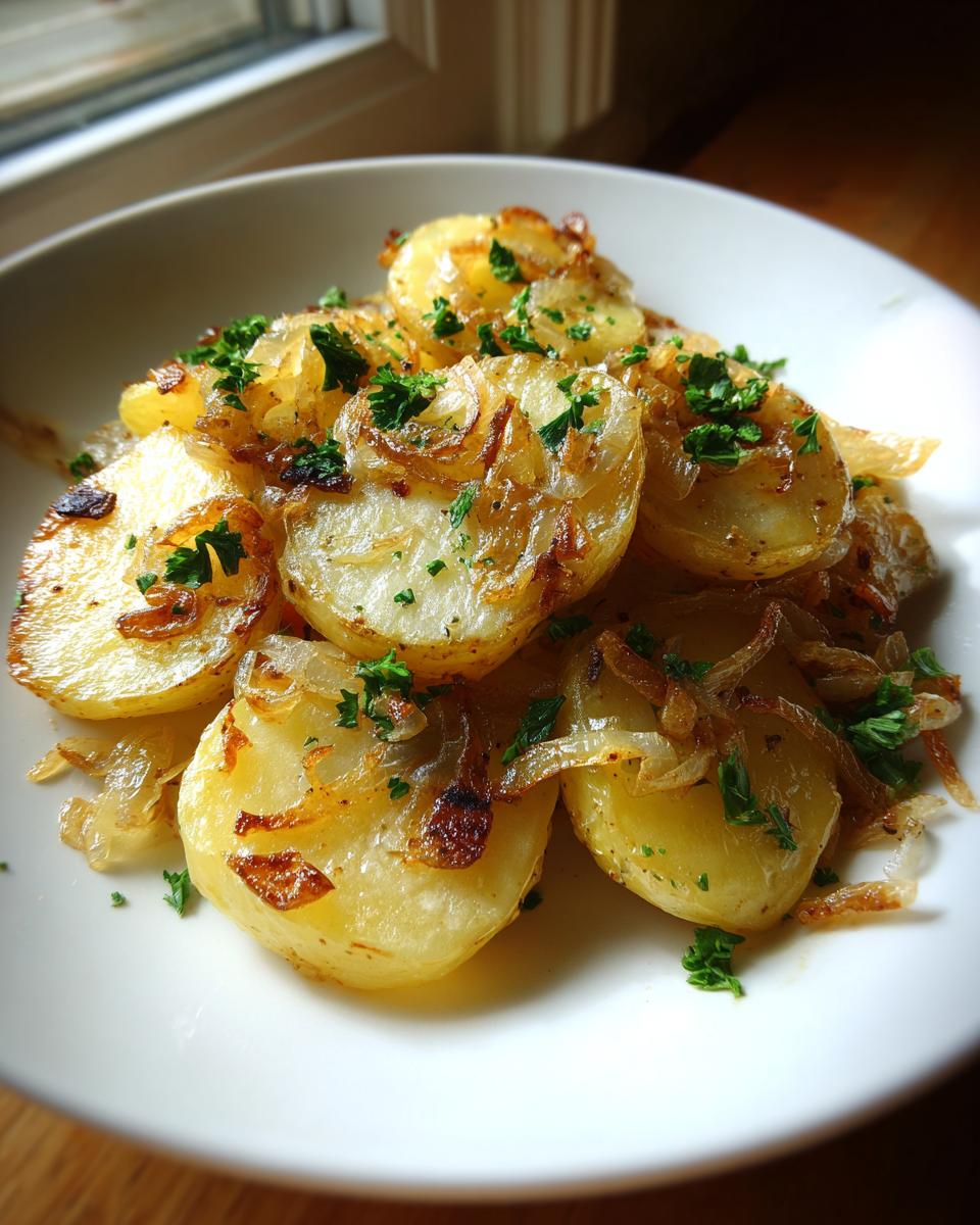A close-up of golden Lyonnaise Potatoes, sliced and topped with caramelized onions and fresh parsley.
