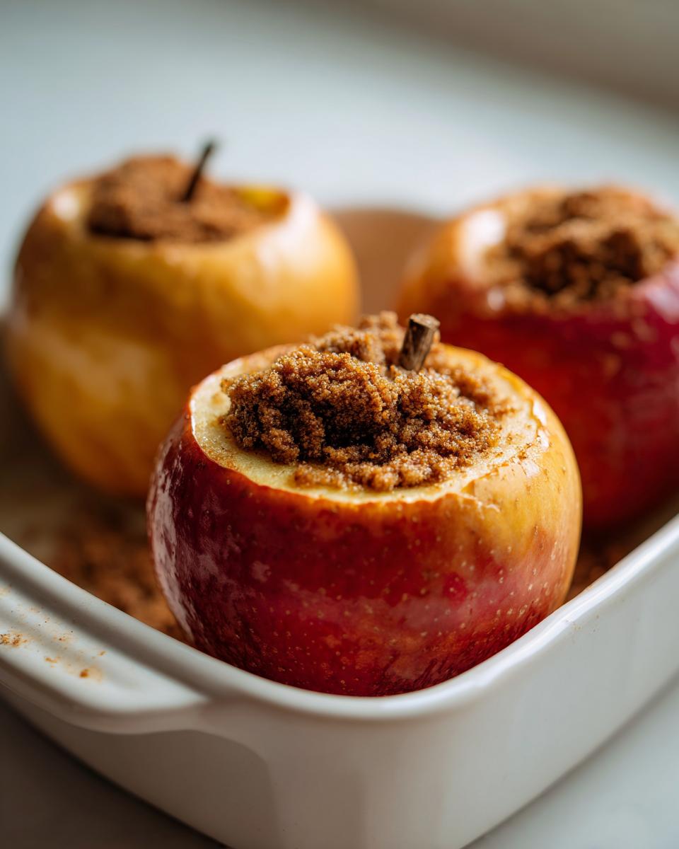 Close-up of three Microwave Baked Apples, cored and topped generously with brown sugar mixture, sitting in a white dish.
