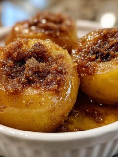 Three glistening Microwave Baked Apples topped with brown sugar and cinnamon served in a white ramekin.