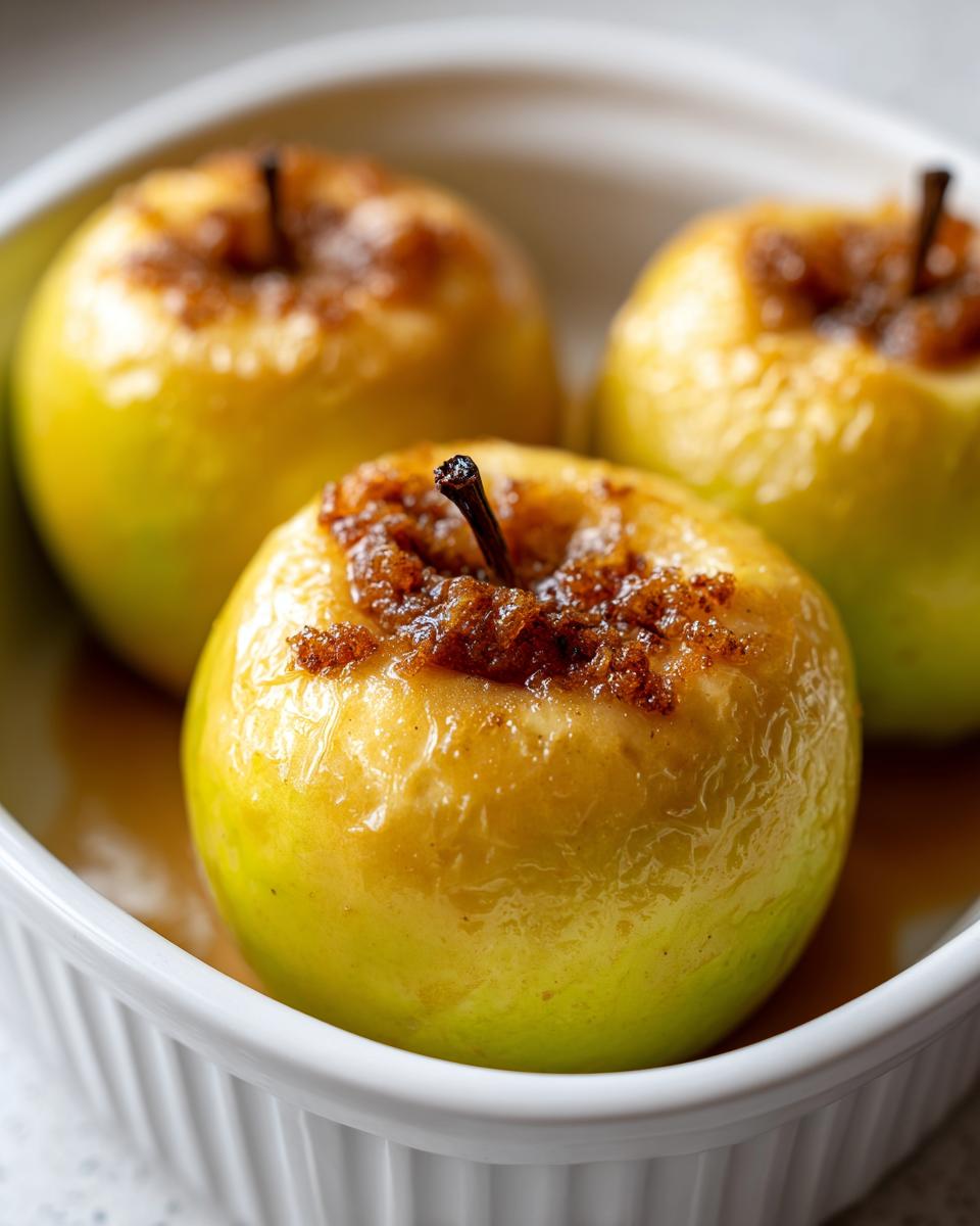 Three bright yellow Microwave Baked Apples with caramelized brown sugar filling in a white dish.
