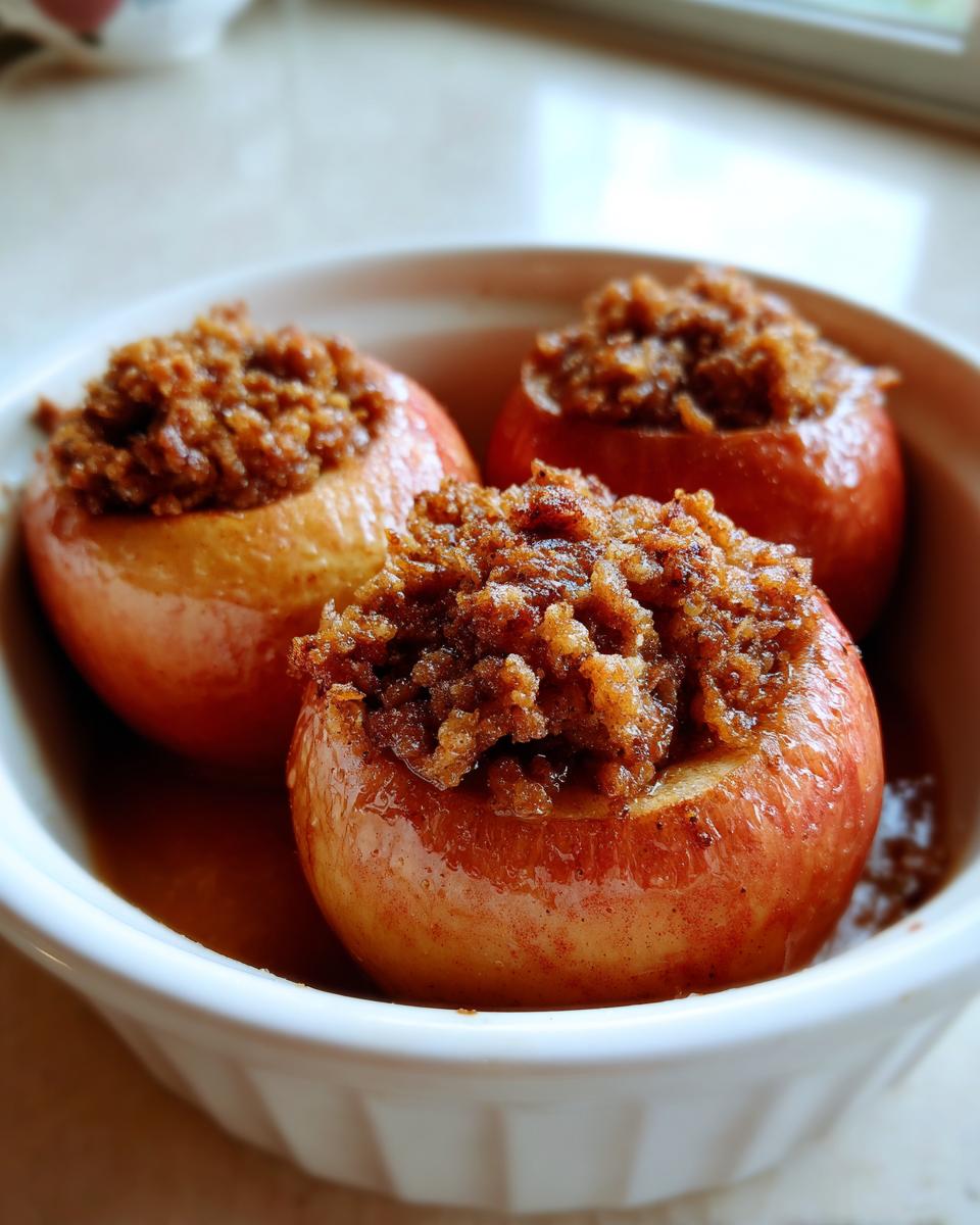 Three glistening Microwave Baked Apples served in a white ramekin, topped generously with brown sugar crumble.