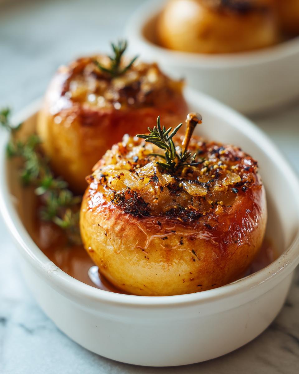Close-up of two glossy Microwave Baked Apples topped with caramelized onions and a sprig of rosemary.