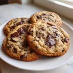 Four freshly baked Neiman Marcus Cake Cookies piled on a white plate with melted chocolate chips.