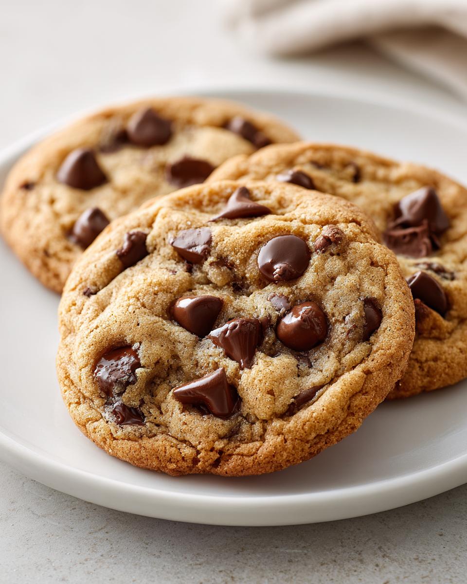 Close-up of three soft, chewy Neiman Marcus Cake Cookies loaded with melted chocolate chips on a white plate.
