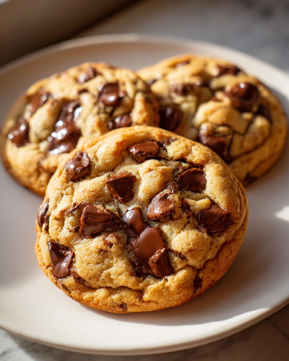 Close-up of three freshly baked Neiman Marcus Cake Cookies loaded with melted chocolate chunks on a light plate.