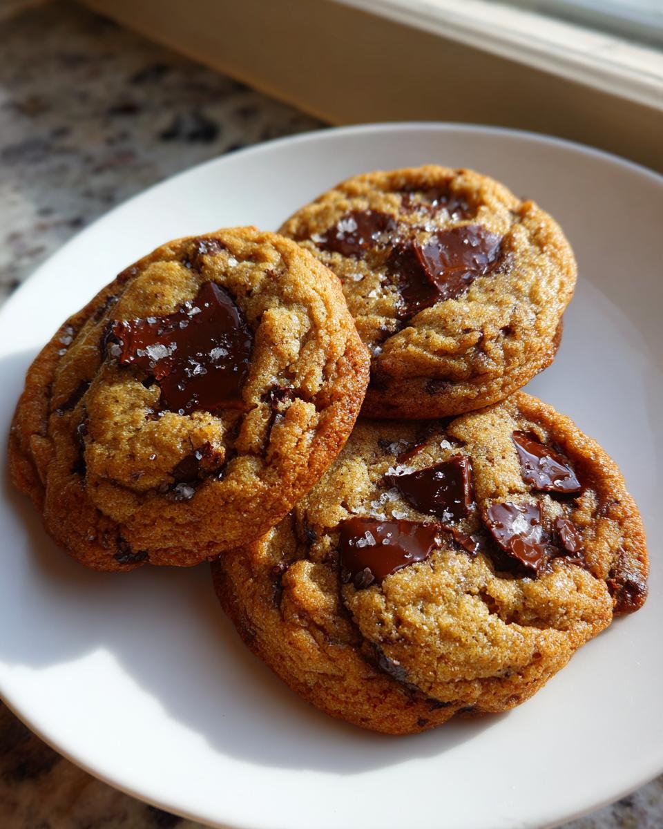 Close-up of three freshly baked Neiman Marcus Cake Cookies, topped with melted chocolate chunks and flaky sea salt.