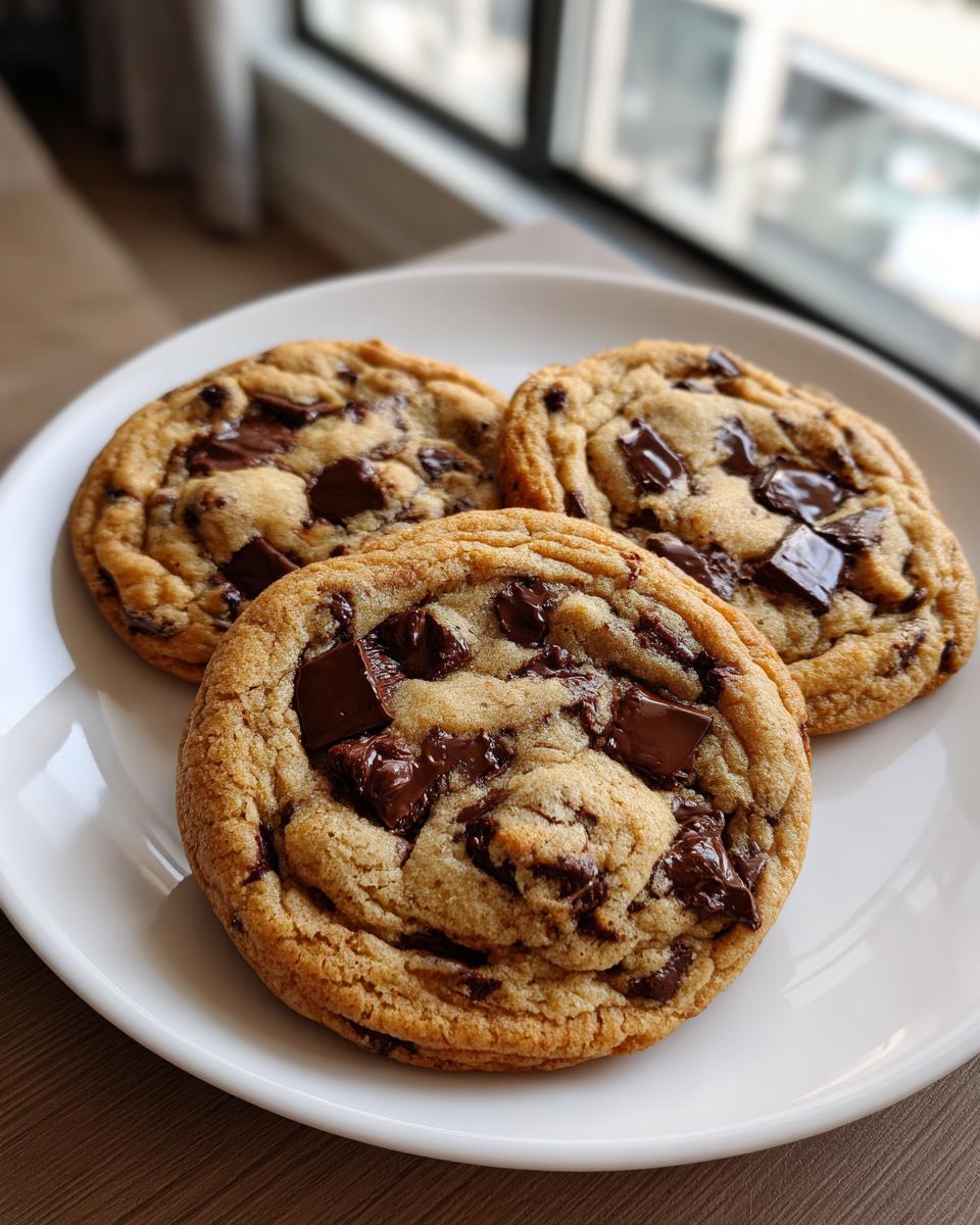 Three thick, golden-brown Neiman Marcus Cake Cookies loaded with melted chocolate chunks, served on a white plate.