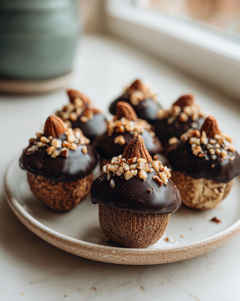 A plate holding several no-bake Oreo acorns, each dipped in chocolate and topped with a whole almond and chopped nuts.