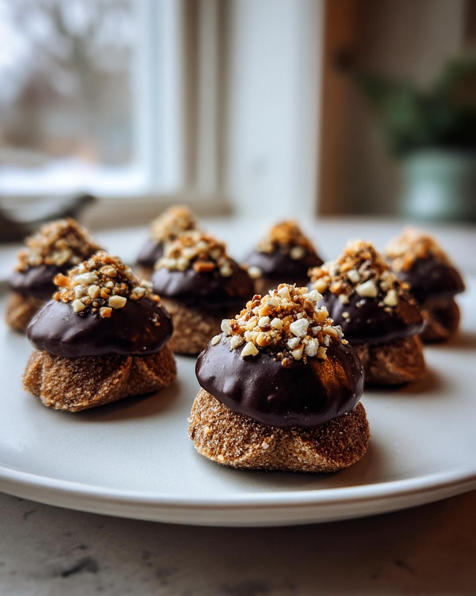 Close-up of several no-bake Oreo Acorns treats coated in chocolate and sprinkled with chopped nuts on a white plate.