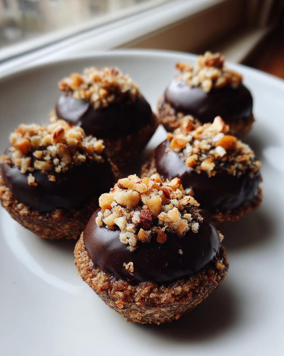 Four decadent no-bake Oreo Acorns topped with dark chocolate ganache and chopped nuts, resting on a white plate.