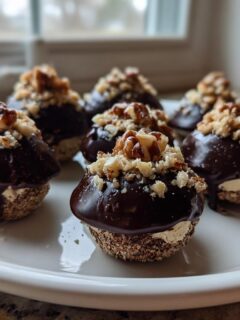 A white plate holding several no-bake Oreo acorns dipped in chocolate and topped with chopped nuts.