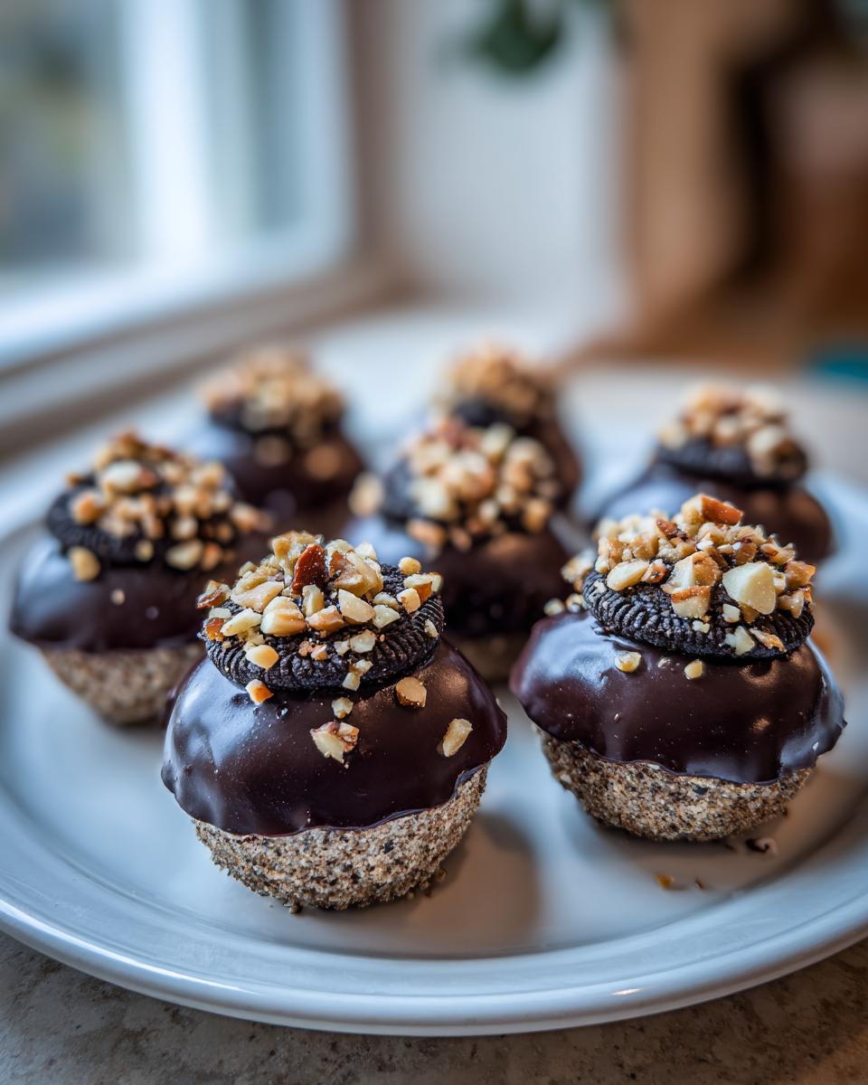 Several finished no-bake Oreo Acorns, dipped in chocolate and topped with nuts and a mini Oreo.