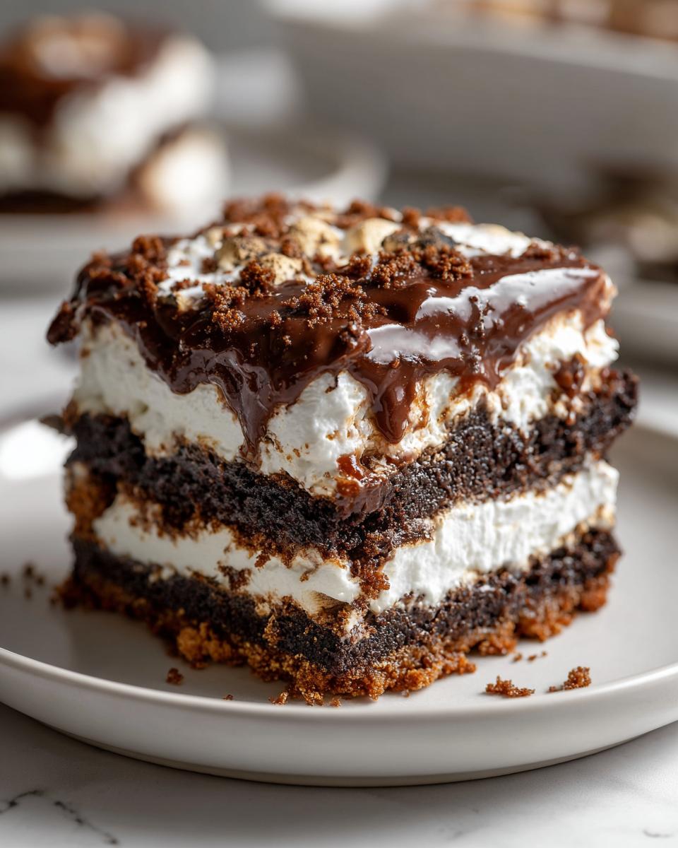 A thick, layered slice of No Bake Smores Lasagna featuring chocolate crust, white cream filling, and chocolate drizzle topping.