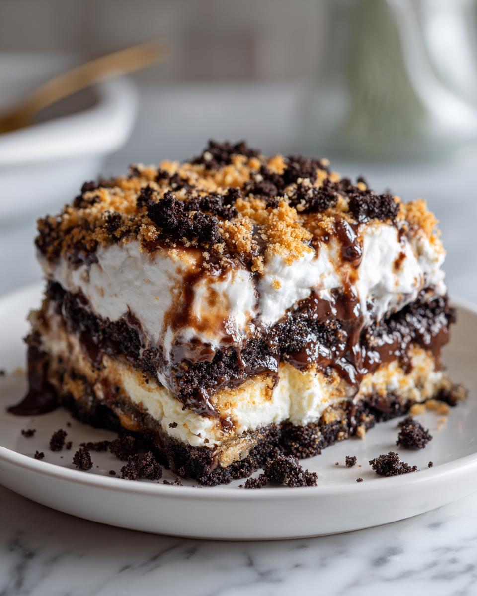 A decadent slice of No Bake Smores Lasagna layered with cream, chocolate, and graham cracker crumbs.