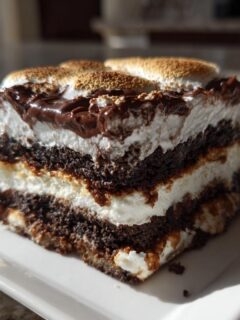 Close-up of a layered slice of No Bake Smores Lasagna featuring chocolate, white filling, and toasted marshmallows on top.