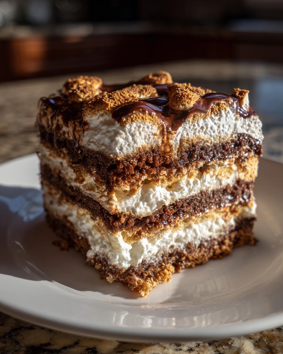 A tall, layered slice of No Bake Smores Lasagna featuring chocolate, marshmallow, and graham cracker layers.