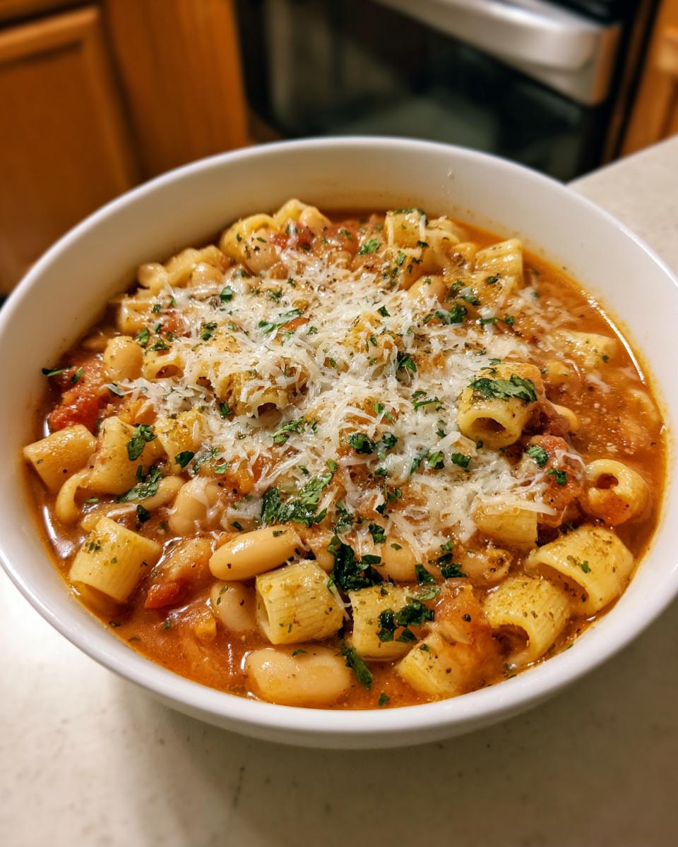 Close-up of a white bowl filled with rich Pasta Fagioli, featuring ditalini pasta, white beans, and a generous topping of grated Parmesan and parsley.