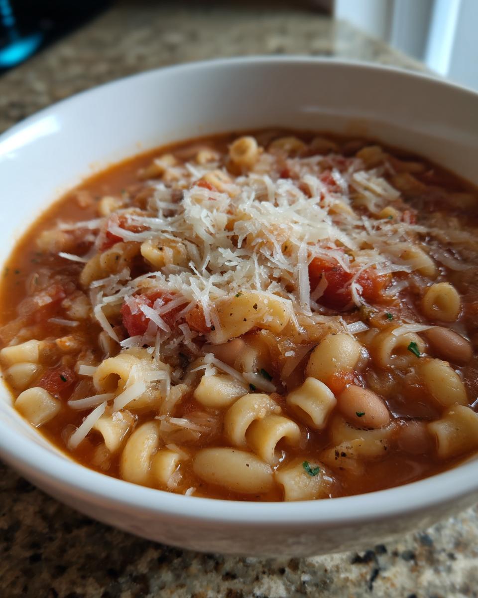 Close-up of a white bowl filled with rich Pasta Fagioli soup, topped generously with grated Parmesan cheese.