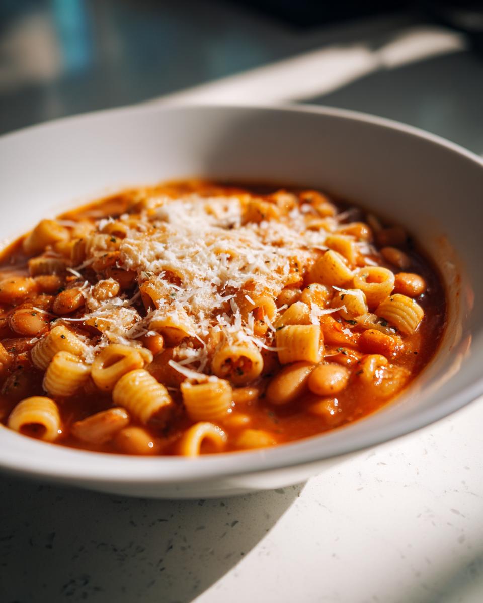 Close-up of a white bowl filled with rich Pasta Fagioli, featuring small pasta, beans, and topped with grated Parmesan.