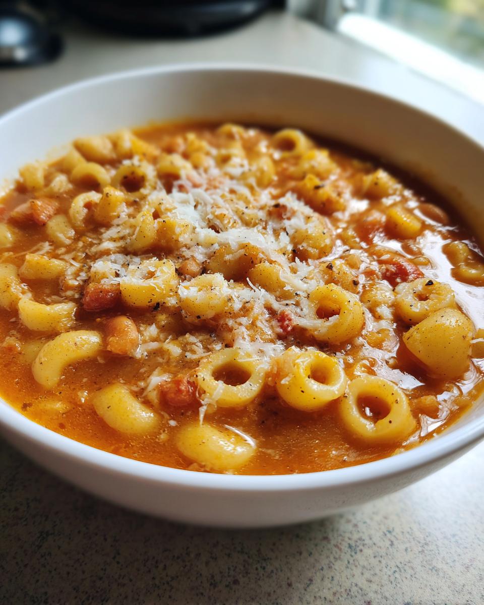 Close-up of a white bowl filled with rich, tomato-based Pasta Fagioli topped with grated Parmesan cheese.