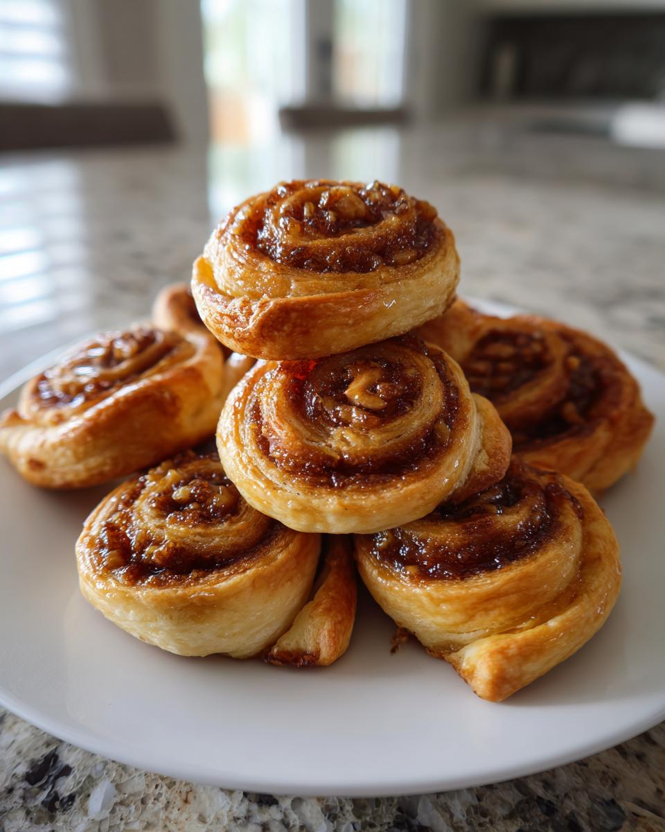 A stack of golden brown Pecan Pie Crescent Rolls with a sticky, caramelized pecan filling.