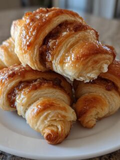 A stack of four golden brown Pecan Pie Crescent Rolls glazed with a sticky topping on a white plate.