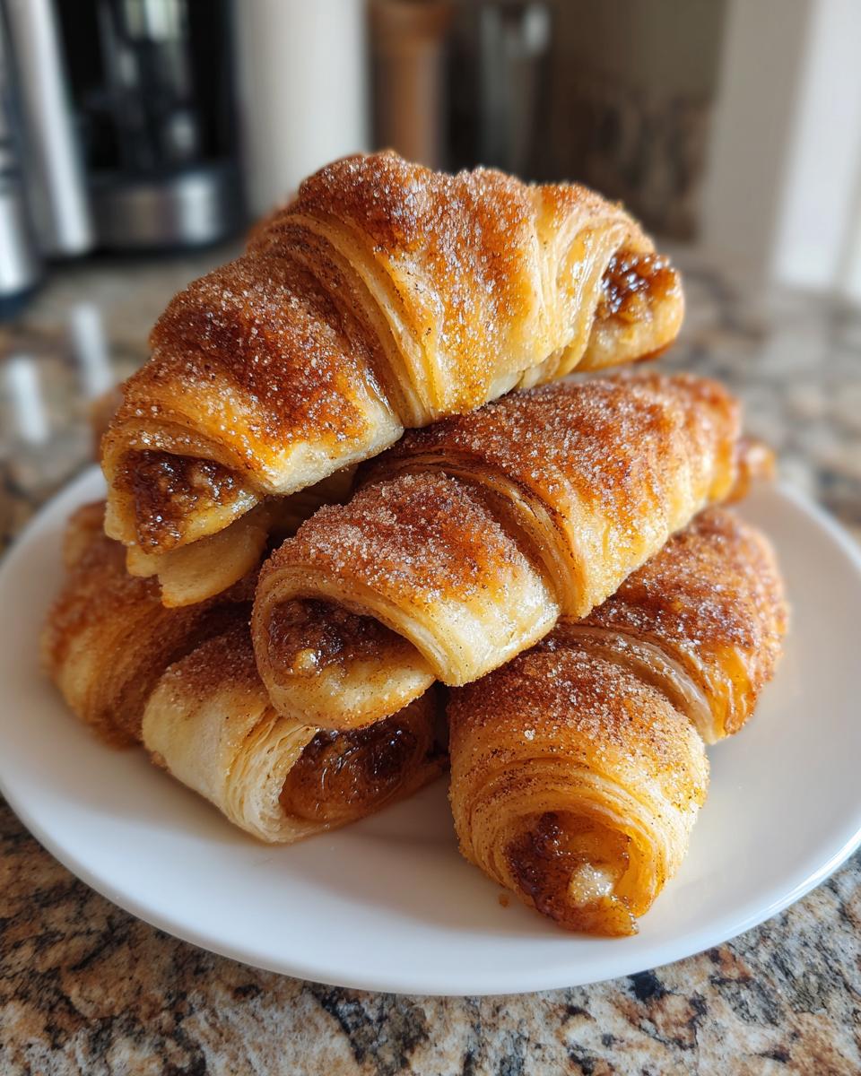 A stack of golden brown Pecan Pie Crescent Rolls, sprinkled with cinnamon sugar, resting on a white plate.