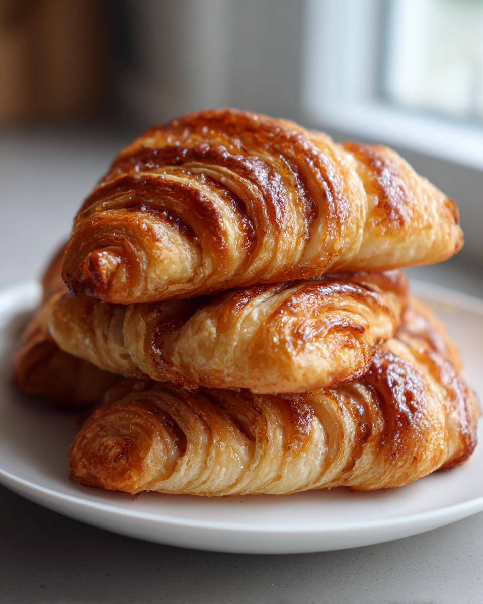 A stack of three golden brown Pecan Pie Crescent Rolls with a shiny glaze on a white plate.