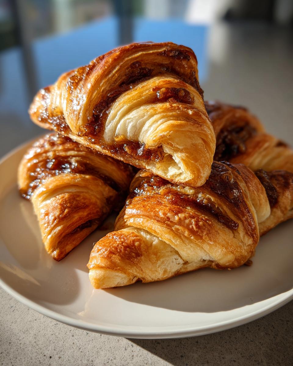 A stack of golden brown Pecan Pie Crescent Rolls with sticky pecan filling visible, resting on a light-colored plate.