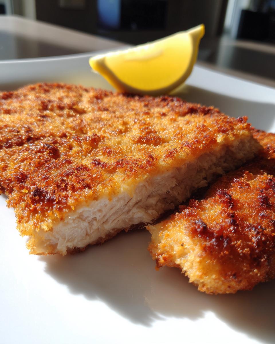Close-up showing the interior texture of a golden, crispy Pork Schnitzel cut open, served with a lemon wedge.