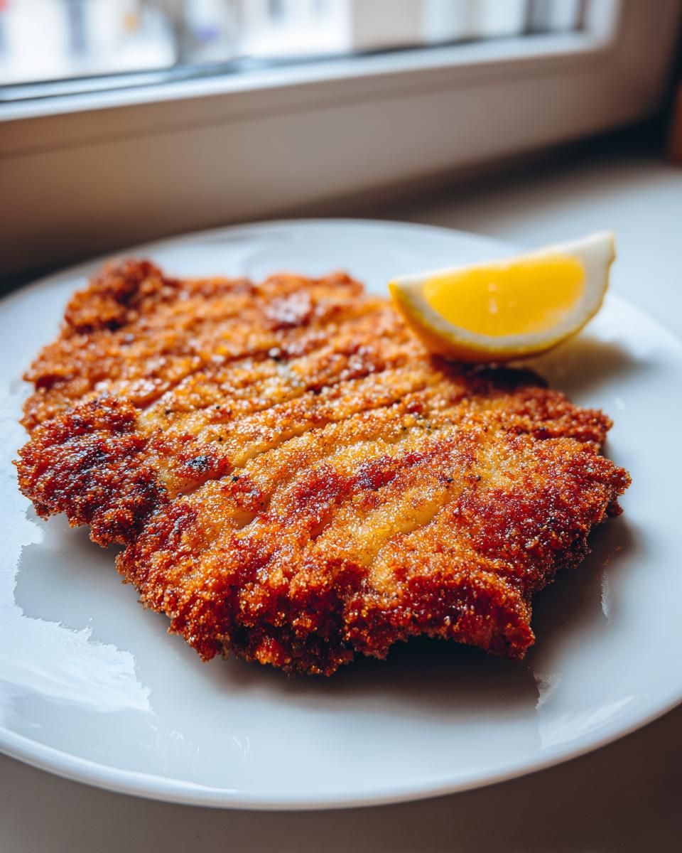 Close-up of a golden brown, crispy Pork Schnitzel served on a white plate with a lemon wedge.