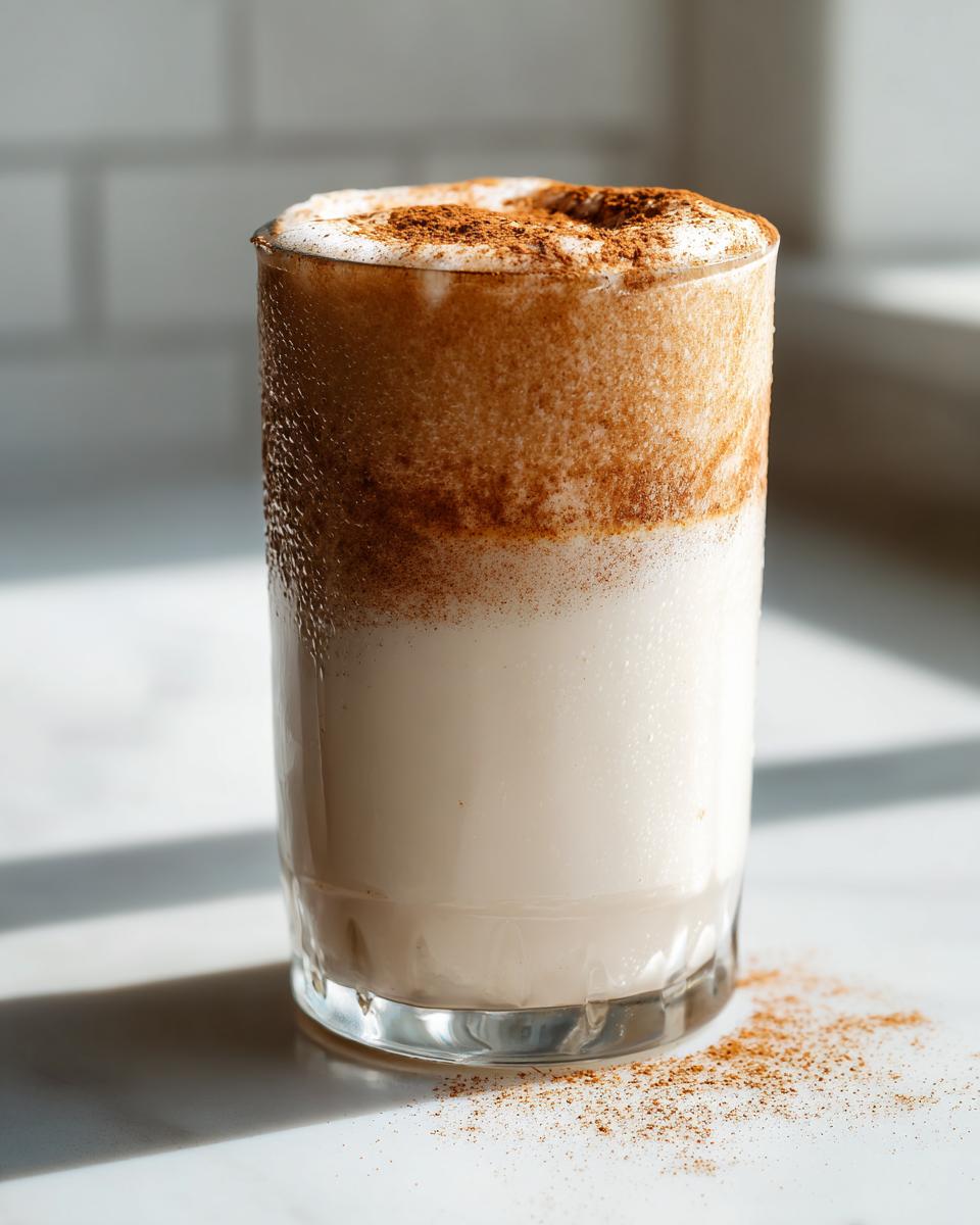 A tall glass filled with creamy Puerto Rican Coquito, topped with frothy foam and dusted heavily with cinnamon.