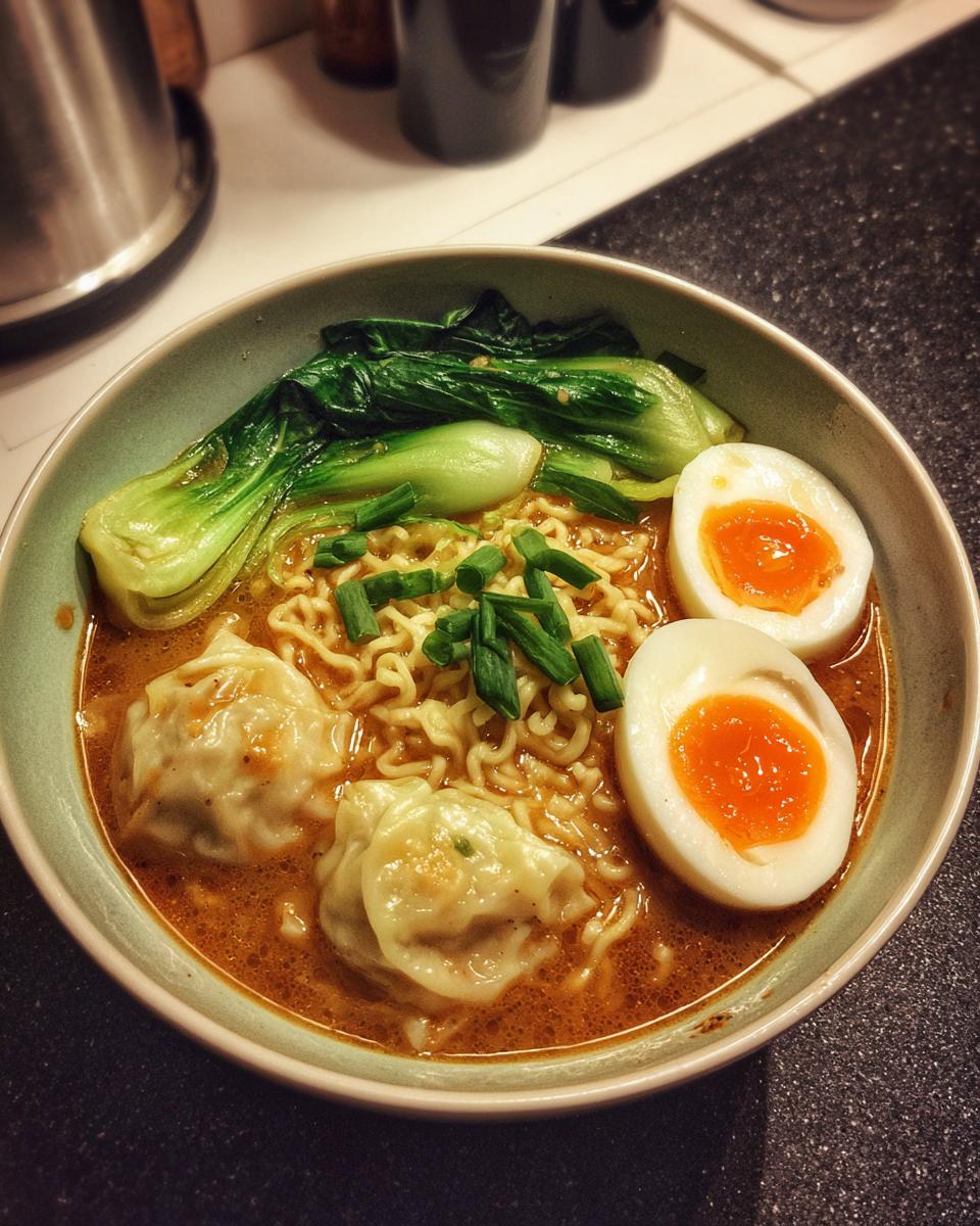 A close-up of a savory Dumpling Ramen Bowl featuring noodles, broth, dumplings, bok choy, and halved soft-boiled eggs.