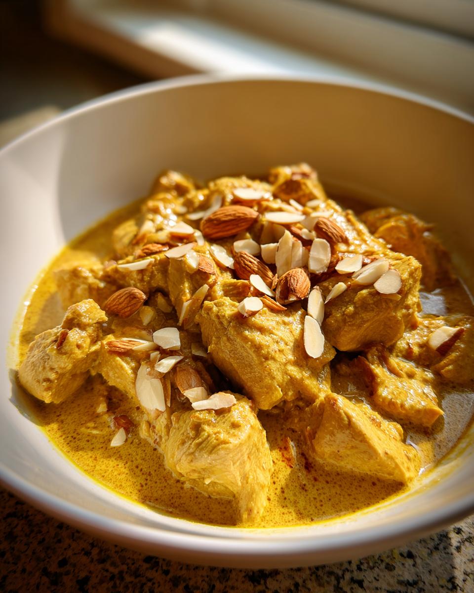 Close-up of creamy, yellow Chicken Korma garnished generously with whole and sliced almonds.
