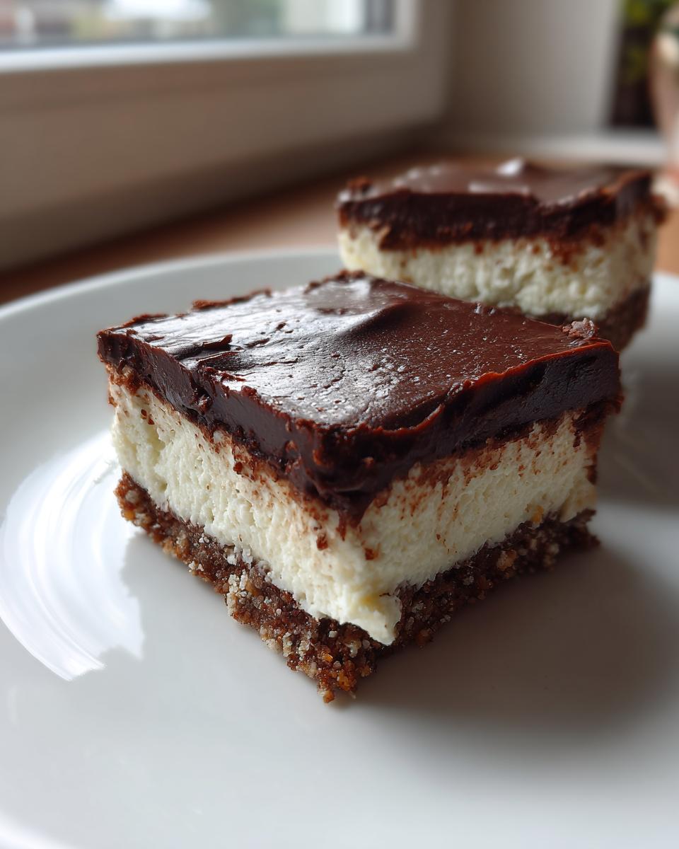 Two squares of rich Chocolate Cheesecake Bars with a dark chocolate topping and creamy white filling on a white plate.