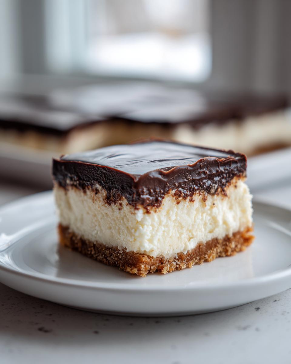 Close-up of a single serving of rich Chocolate Cheesecake Bars with a thick graham cracker crust and glossy chocolate topping.