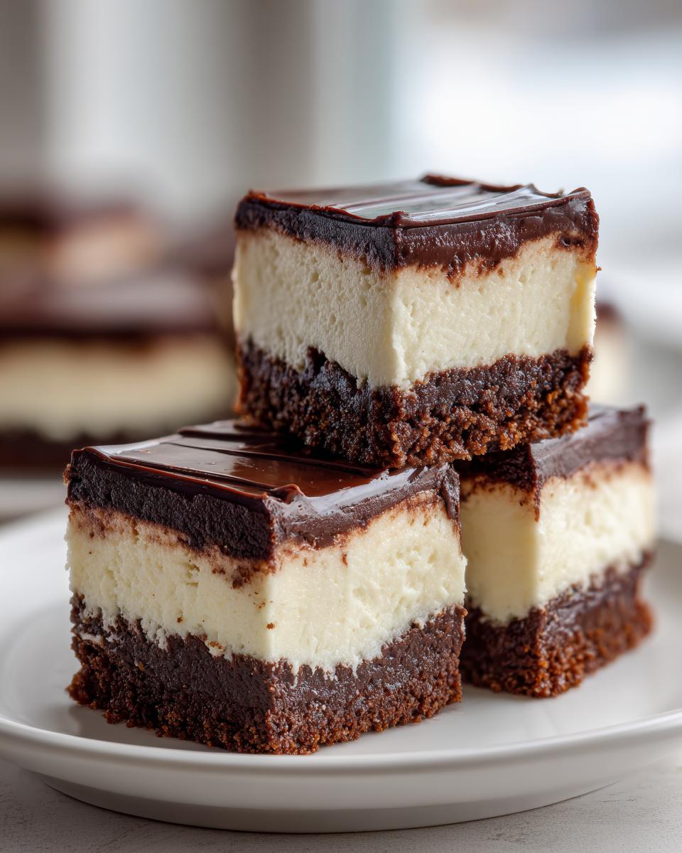 Three stacked squares of rich Chocolate Cheesecake Bars featuring a dark chocolate crust, creamy white filling, and glossy chocolate topping.