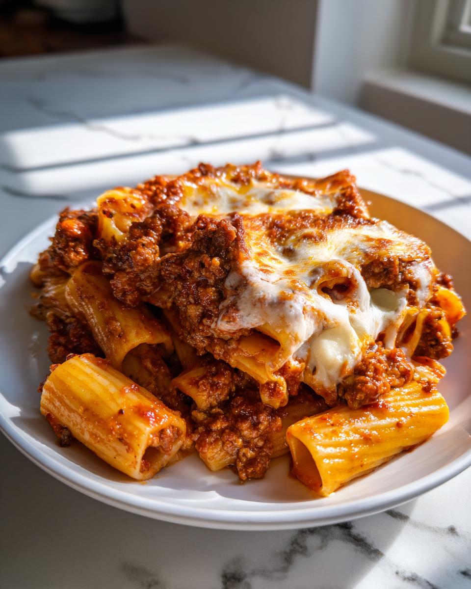 Close-up of Rigatoni Al Forno pasta tubes covered in rich meat sauce and melted mozzarella cheese on a white plate.