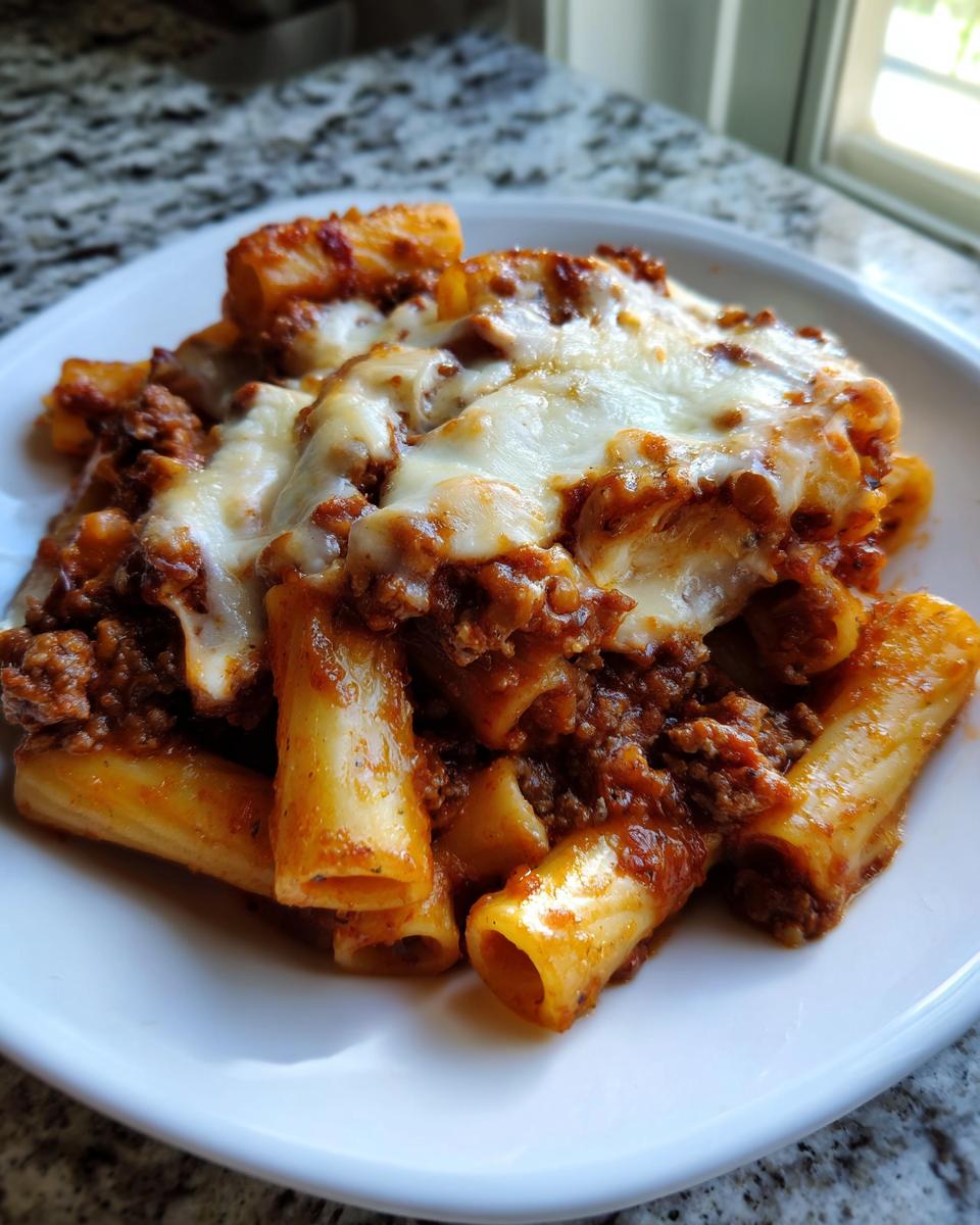 A close-up of a serving of Rigatoni Al Forno covered in rich meat sauce and melted mozzarella cheese on a white plate.