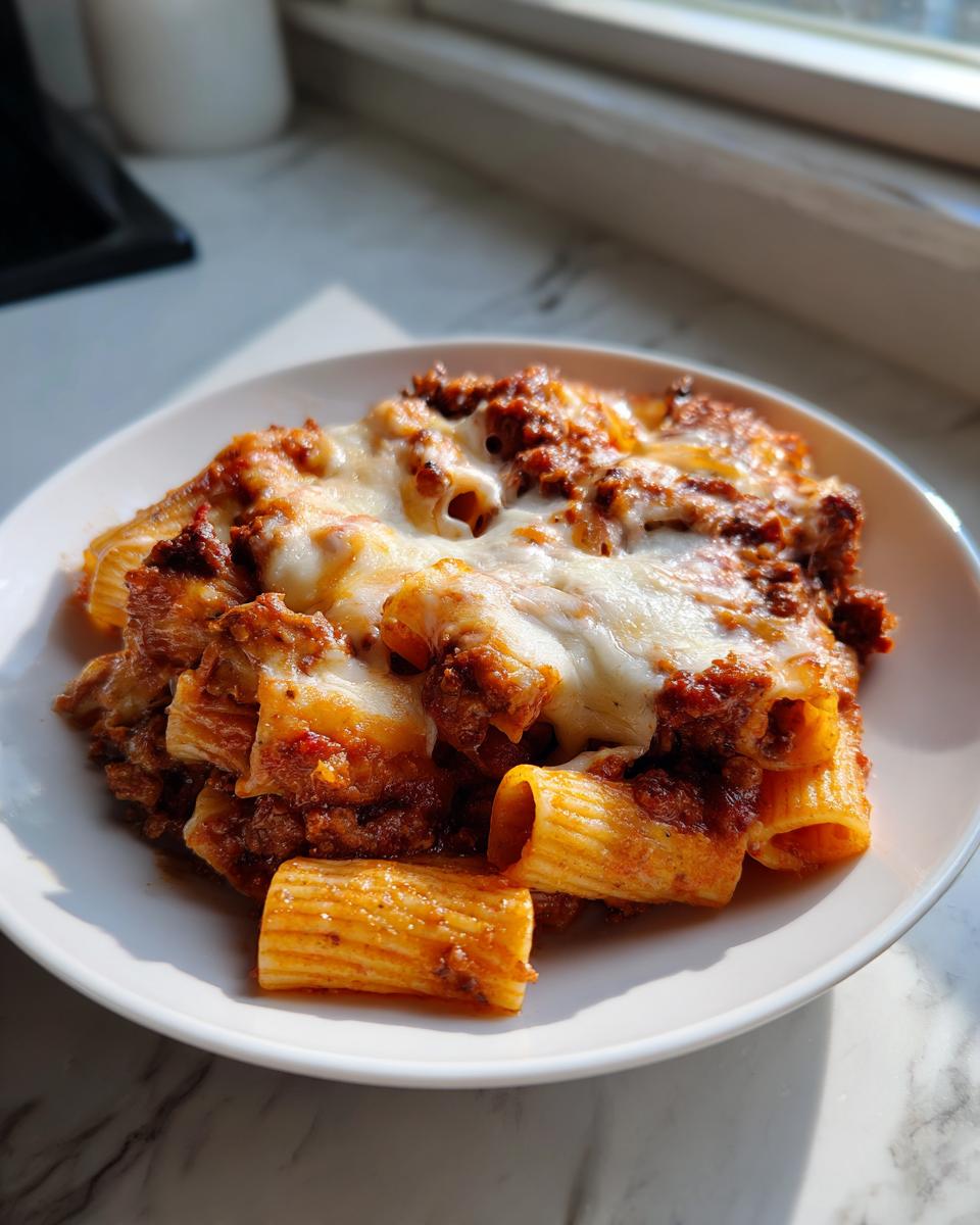 A white plate holding a serving of baked Rigatoni Al Forno topped with rich meat sauce and melted mozzarella cheese.