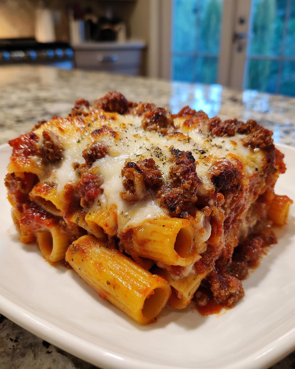 A generous square serving of baked Rigatoni Al Forno topped with melted mozzarella and rich meat sauce.