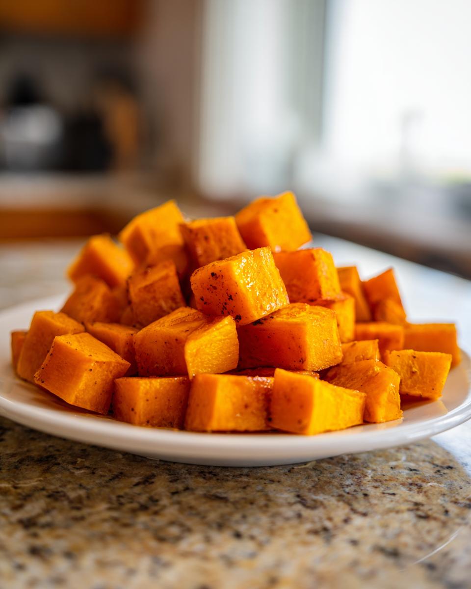 A close-up of seasoned, roasted butternut squash cubes piled on a white plate, ready for one of the Butternut Squash Recipes.