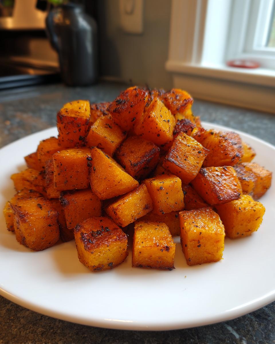 A pile of perfectly roasted, seasoned butternut squash cubes served on a white plate.