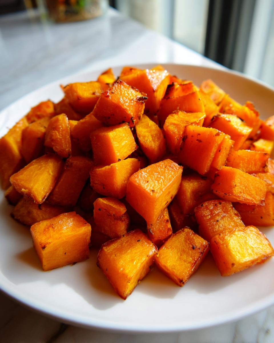 A close-up of perfectly roasted, caramelized butternut squash cubes piled on a white plate.