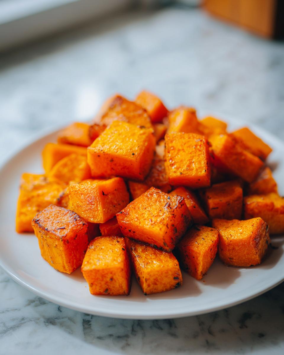 Close-up of perfectly roasted, caramelized cubes of butternut squash on a white plate.