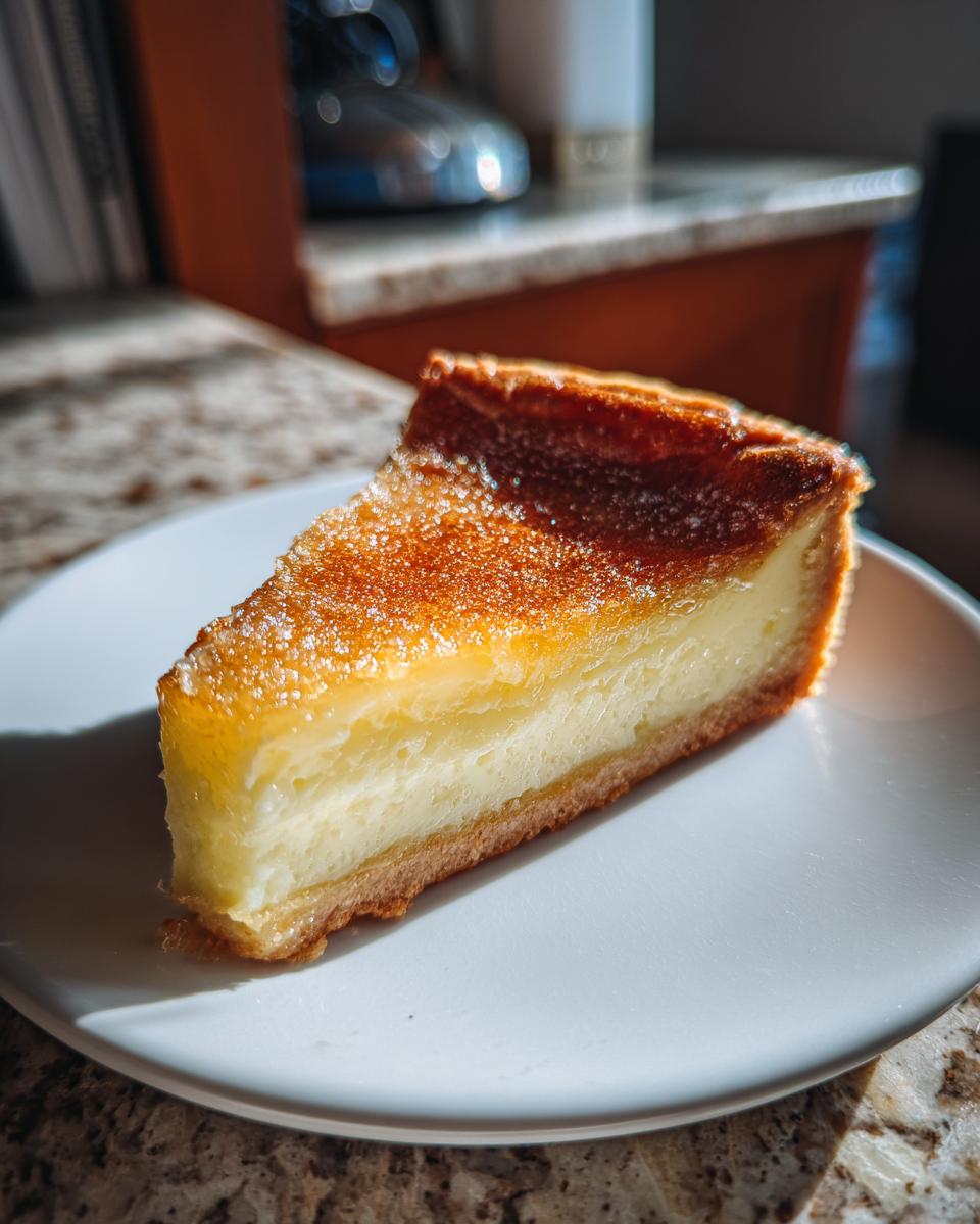 A close-up slice of creamy Salted Honey Pie with a golden, caramelized, and sugared top, resting on a white plate.