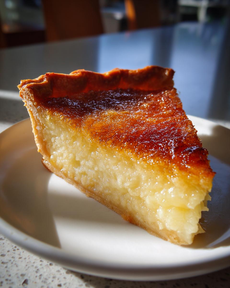 A close-up slice of Salted Honey Pie showing a thick, custardy filling and a beautifully caramelized, glossy top crust.